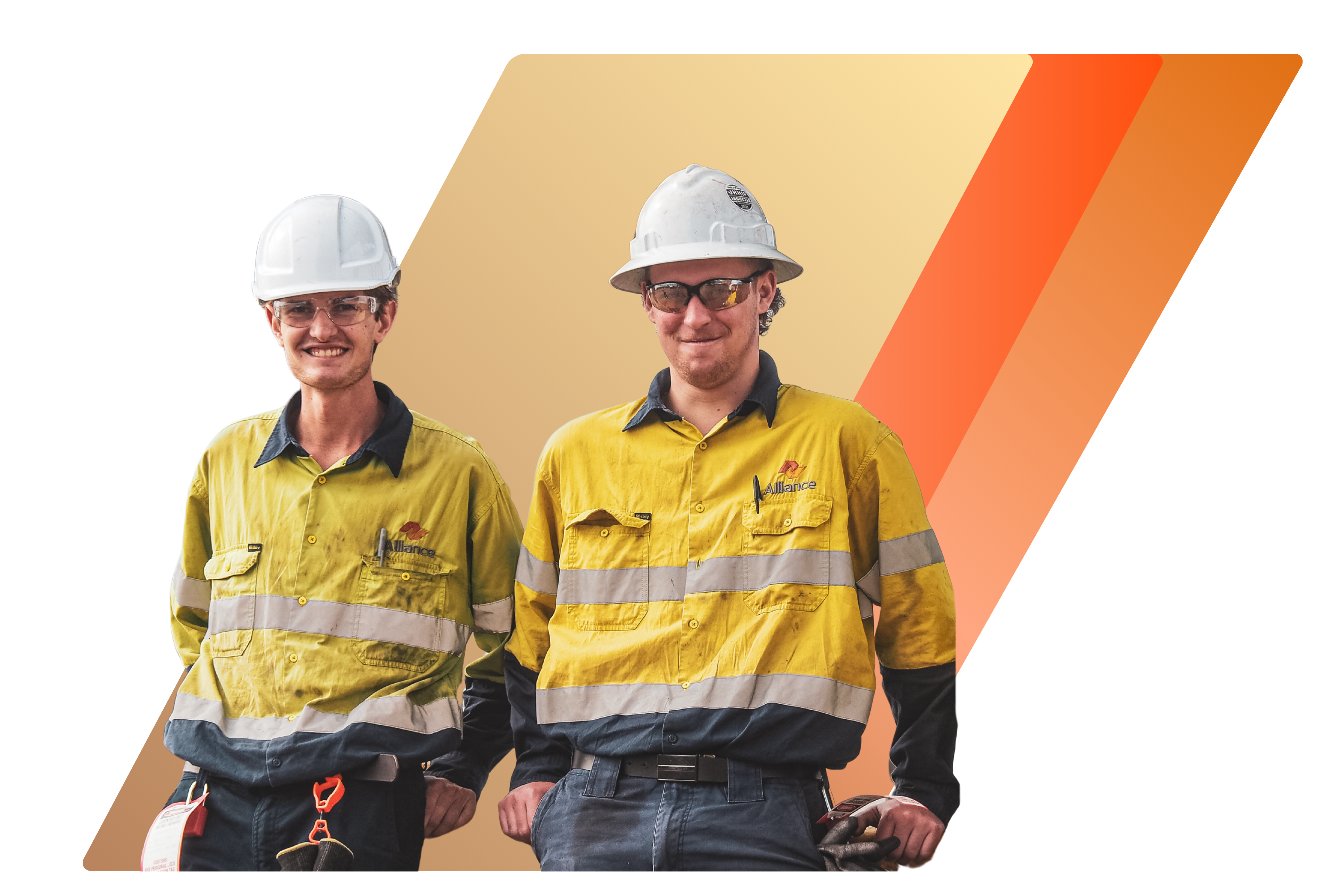 Two Alliance Group staff members in safety gear with coloured background shapes